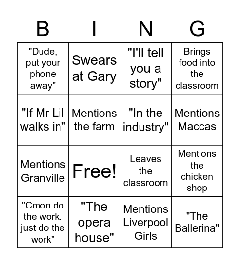 Entertainment Bingo Card