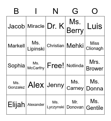 Names Bingo Card