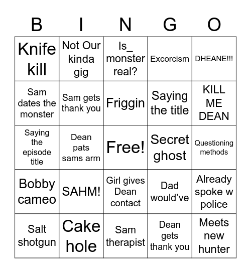 Supernatural bingo Card