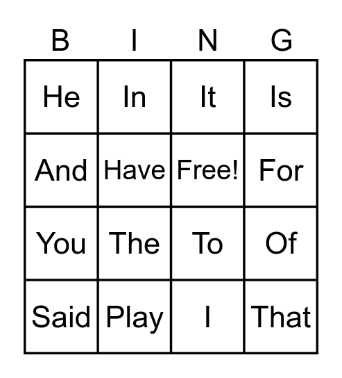 Sight Word Bingo Card