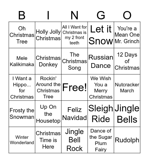 Holiday Song Bingo Card