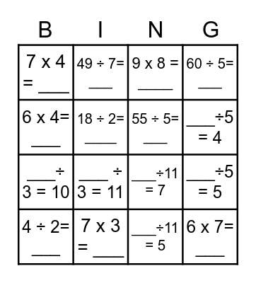 Multiplication and Division Bingo Card Bingo Card