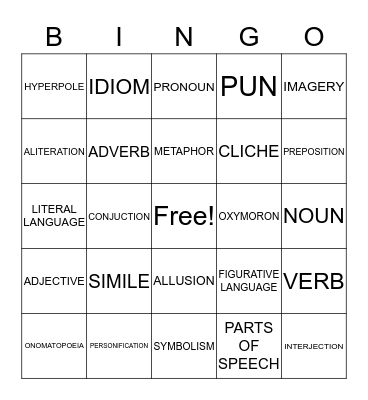 GRAMMAR Bingo Card