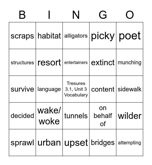 Treasures 3.1, Unit 3, Vocabulary Bingo Card