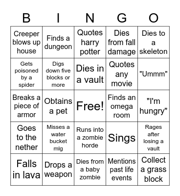 Artic's Minecraft Bingo Card Bingo Card