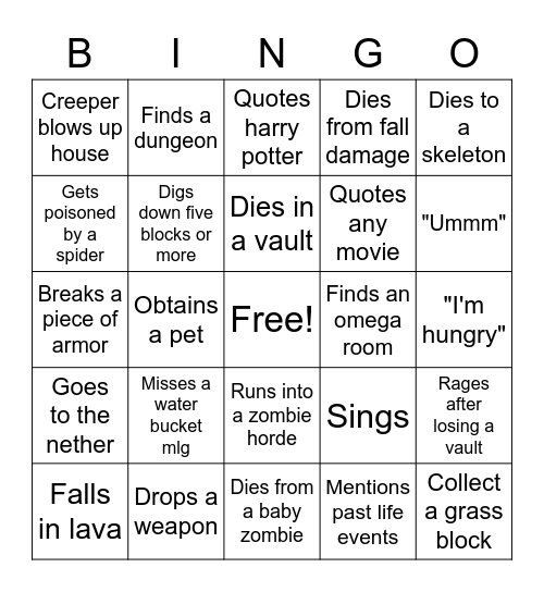 Artic's Minecraft Bingo Card Bingo Card