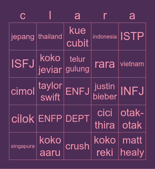 clarantia's bingo card! Bingo Card