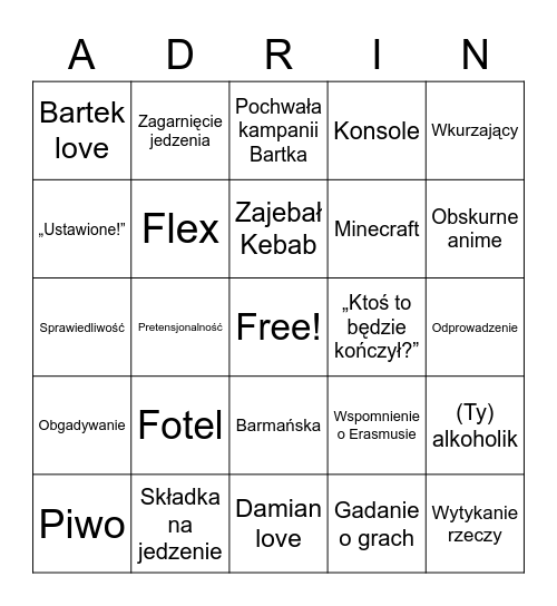 Adrian BINGO Card