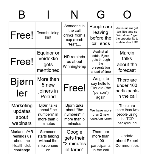 TCP Town Hall Meeting Bingo Card