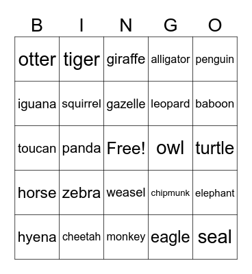 Animal Bingo Card