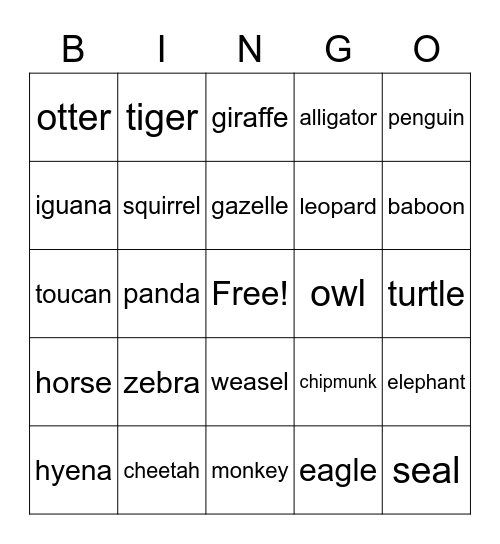 Animal Bingo Card