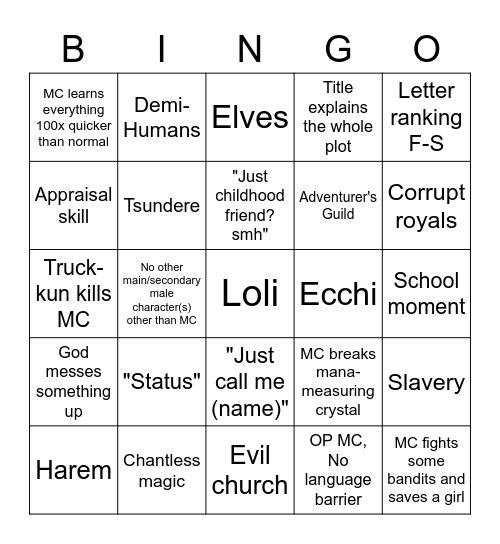 isekai bingo Card