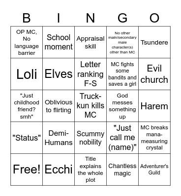 Isekai bingo!!!! Bingo Card