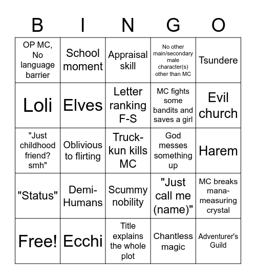 Isekai bingo!!!! Bingo Card