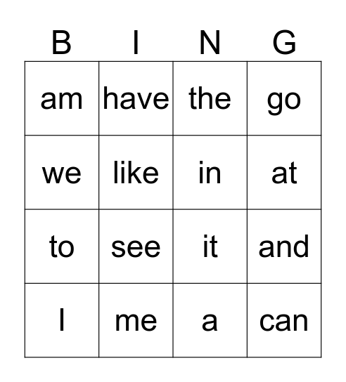 SIGHT WORD BINGO Card