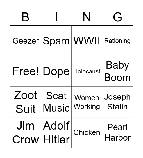 1940s Bingo Card