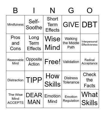 DBT Skills Bingo! Bingo Card