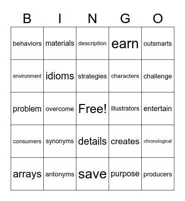 Random vocabulary Bingo Card