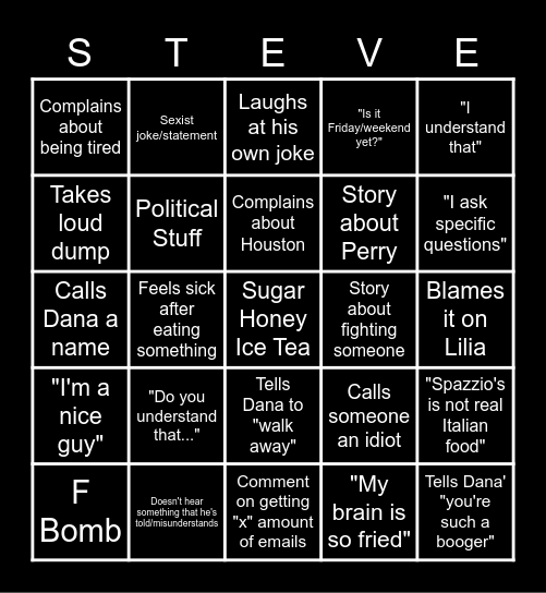 Steve Bingo Card