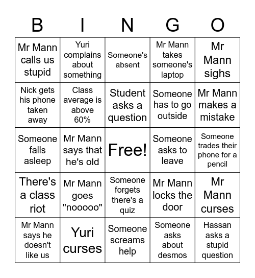 Mr Mann CC / Math Bingo Card