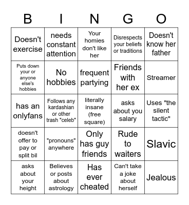 female dating red flags Bingo Card