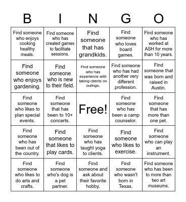 Transition Task Force Bingo Card