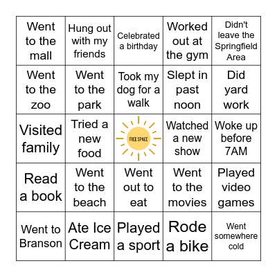 Spring Break Bingo Card