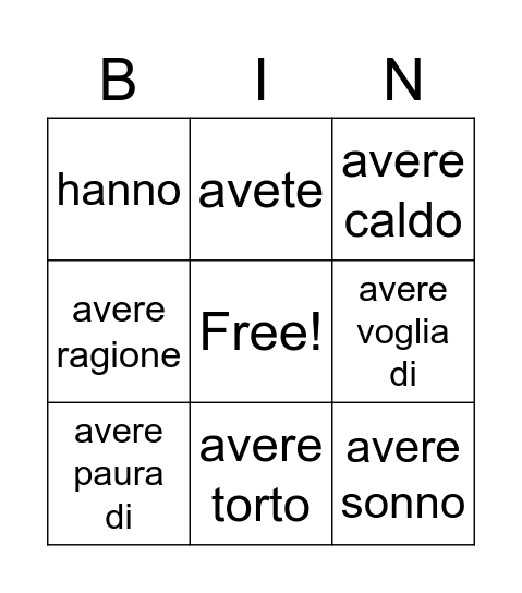 avere e le sue espressioni Bingo Card