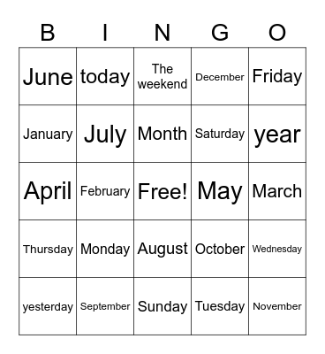 Days and Months Bingo Card