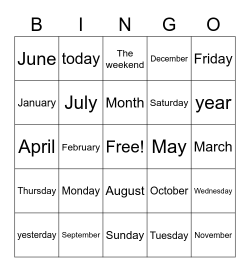 Days and Months Bingo Card