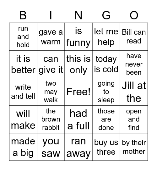 Fun Phrase Bingo Card