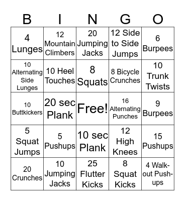 Fitness Bingo Card