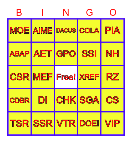 SSA Acronyms Bingo Card