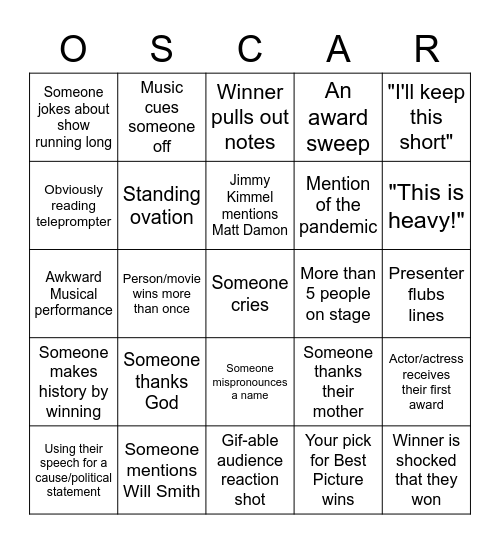 Academy Awards 2023 Bingo Card