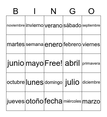 Días, Meses, Estaciones Bingo Card