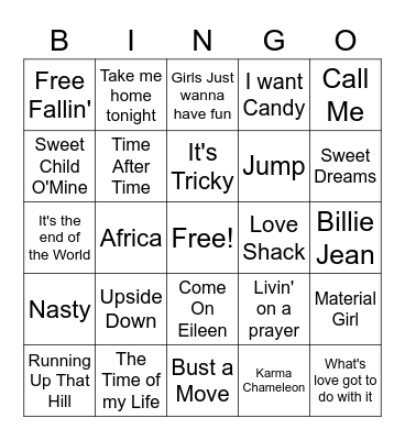 80's Rock n' Roll Bingo Card