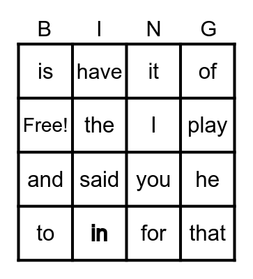 Sight Words Bingo Card