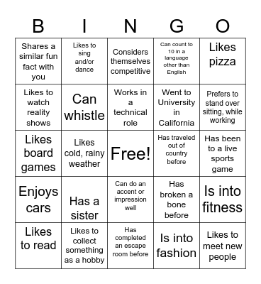 About Me Bingo Card
