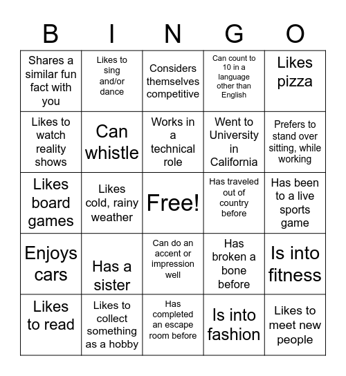 About Me Bingo Card