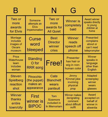 Oscars 2023 Bingo Card