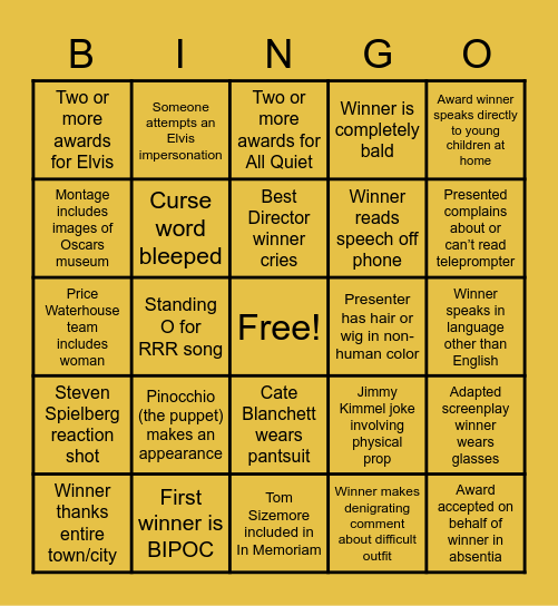 Oscars 2023 Bingo Card