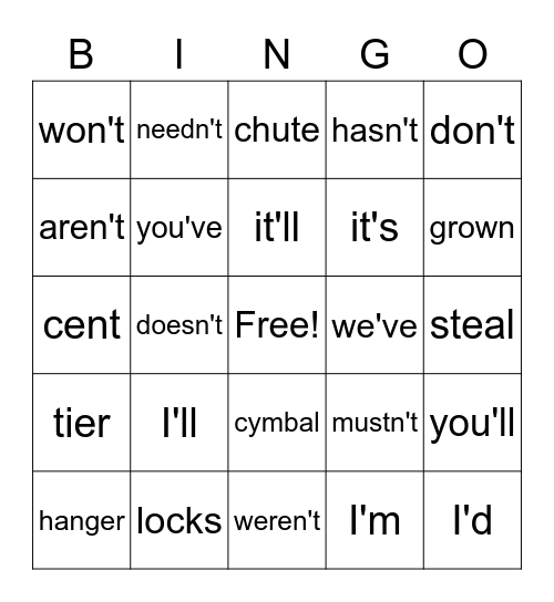 Contraction Bingo Card