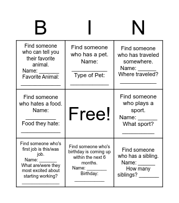 Cafe Get To Know You Bingo Card