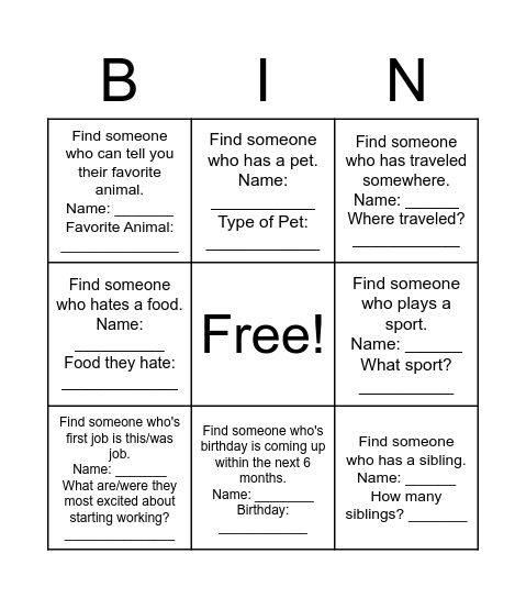 Cafe Get To Know You Bingo Card