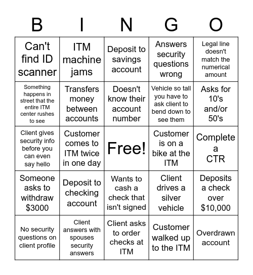 Express Teller BINGO Card