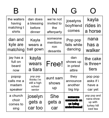 Kayla’s 16th Birthday Bingo Card