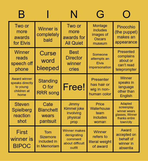 Oscars 2023 Bingo Card