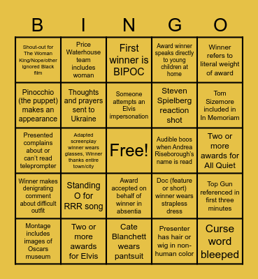Oscars 2023 Bingo Card
