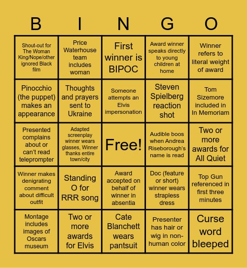 Oscars 2023 Bingo Card