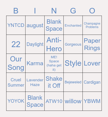 The "We Sing it Proudly" Board (likely songs) Bingo Card